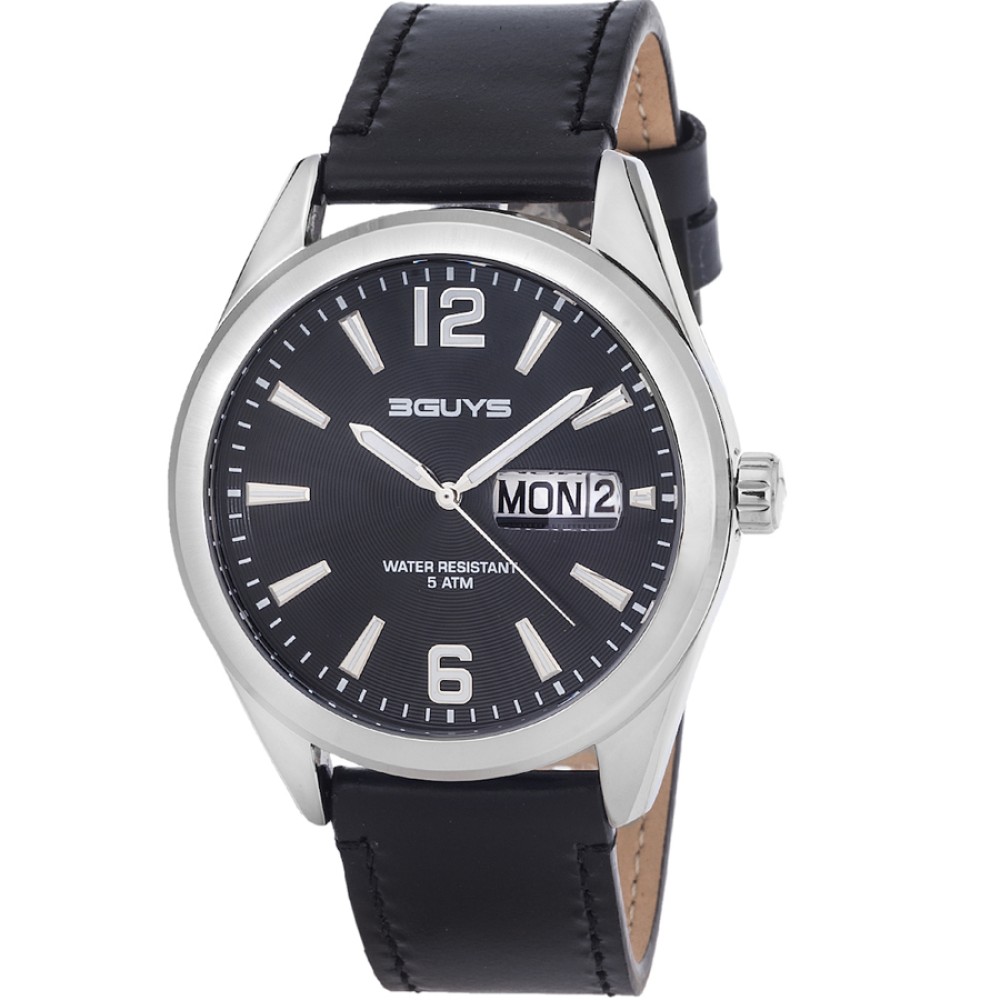 Ρολόι 3GUYS Date Black Leather Strap - 3G76001