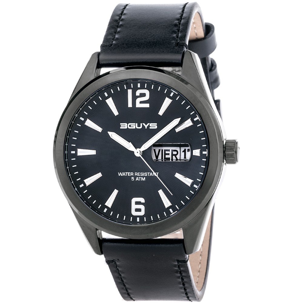 Ρολόι 3GUYS Date Black Leather Strap - 3G76002