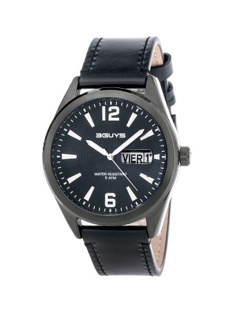 Ρολόι 3GUYS Date Black Leather Strap - 3G76002