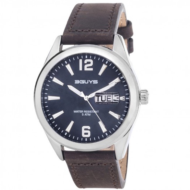 Ρολόι 3GUYS Date Brown Leather Strap - 3G76003