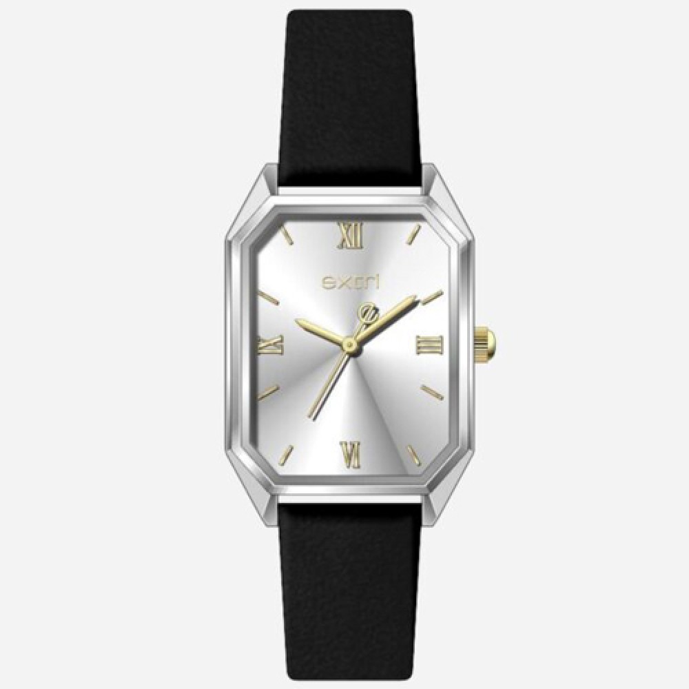 Ρολόι EXTRI Ladies Square Silver Black Leather Strap - E1067L-B