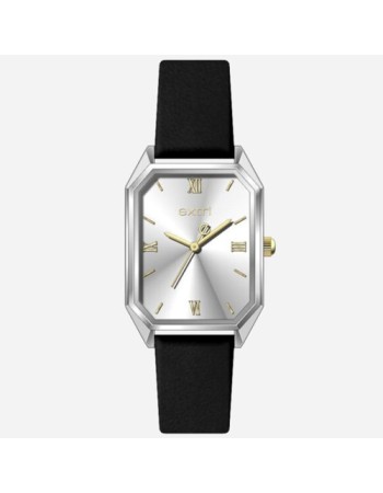Ρολόι EXTRI Ladies Square Silver Black Leather Strap - E1067L-B