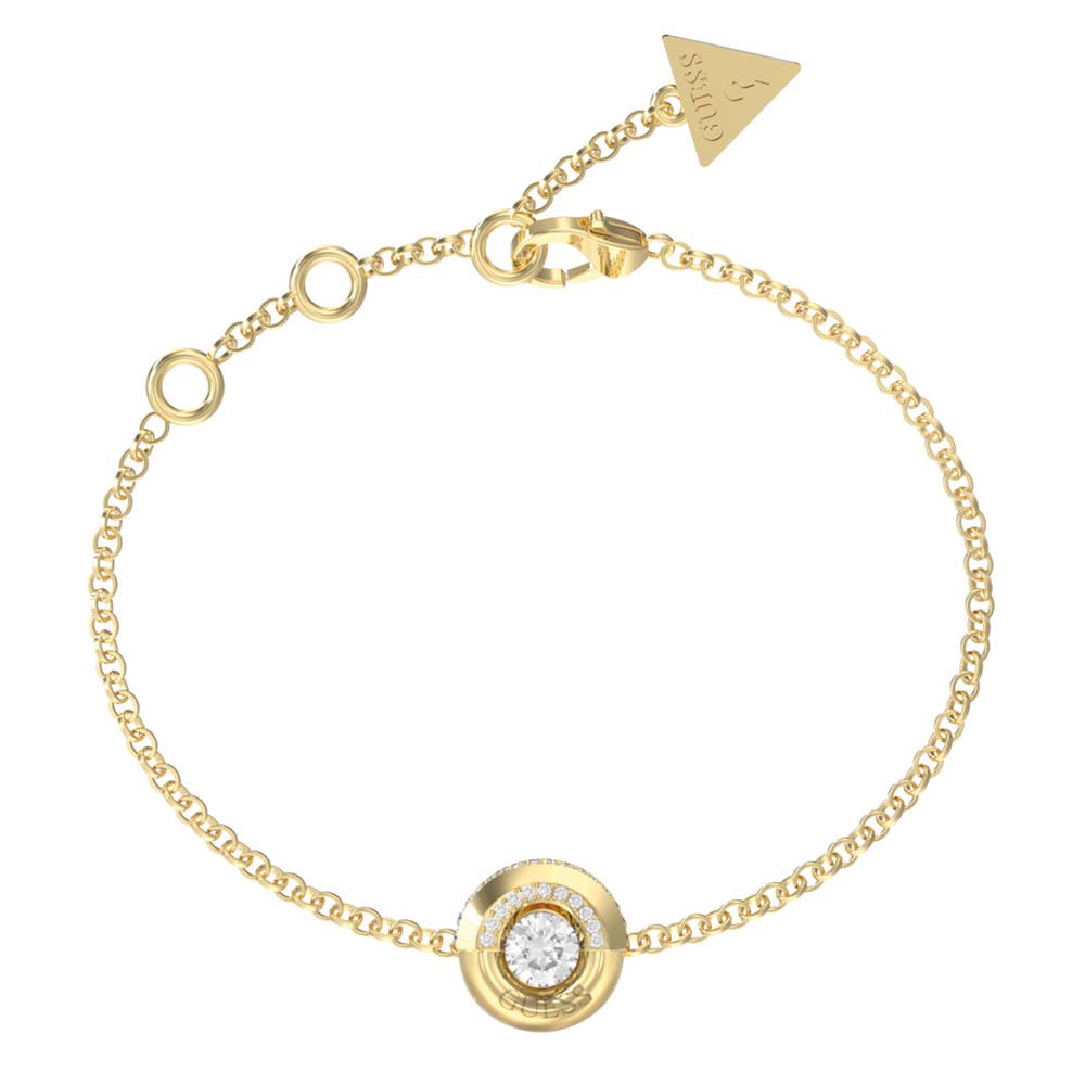 Βραχιόλι GUESS Gold Plated Steel Majorelle, στρογγυλό σχέδιο με πέτρες και λογότυπο - JUBB05378JWYGL