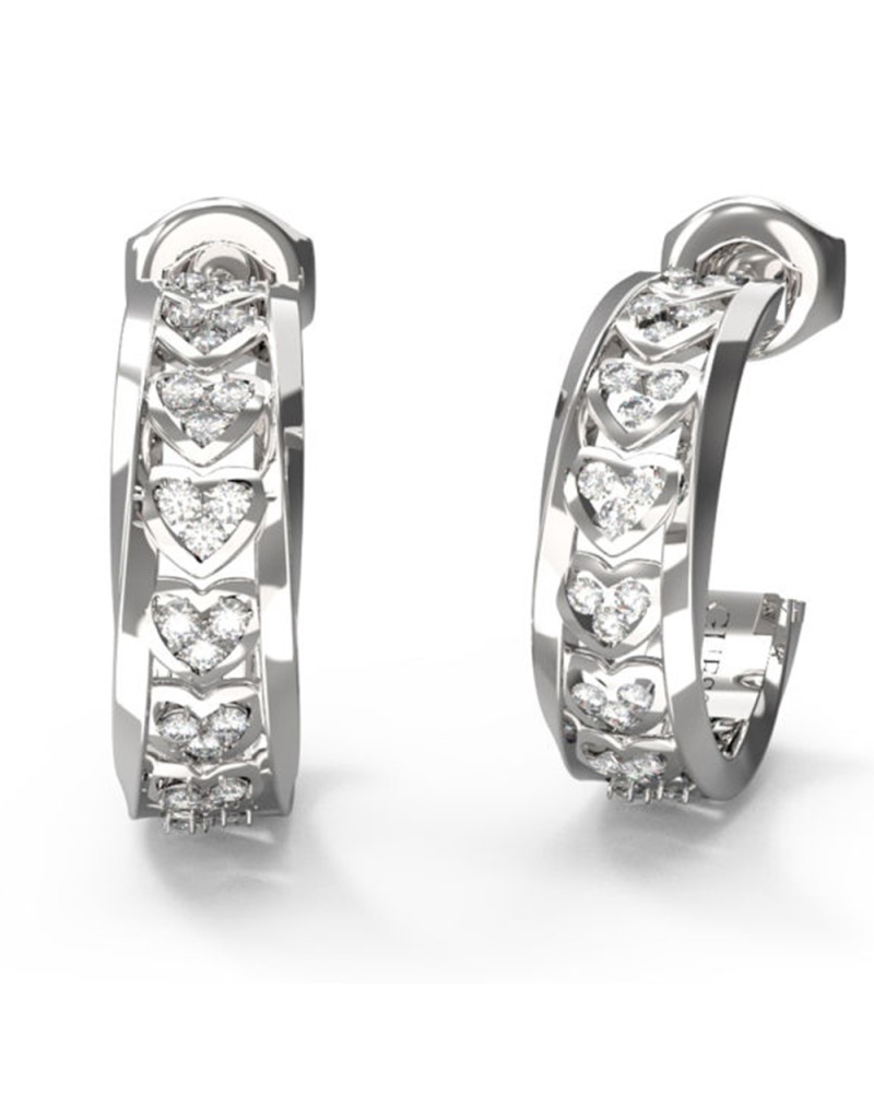 Γυναικεία σκουλαρίκια GUESS Steel Mon Amour, Κρίκοι με πέτρες ζιργκόν σε σχήμα καρδιάς και λογότυπο - JUBE04603JWRHT-U