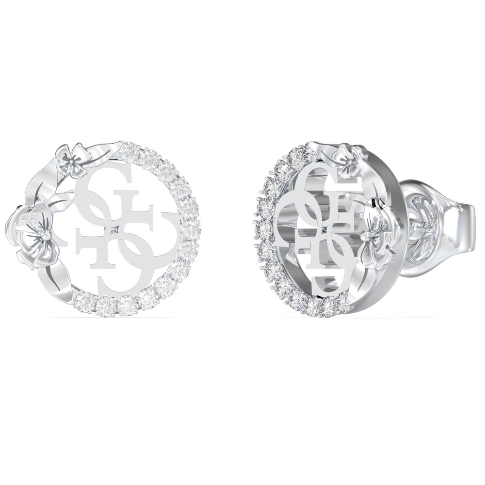 Γυναικεία σκουλαρίκια GUESS Steel 4 Love, με λογότυπο και πέτρες - JUBE05041JWRHT-U