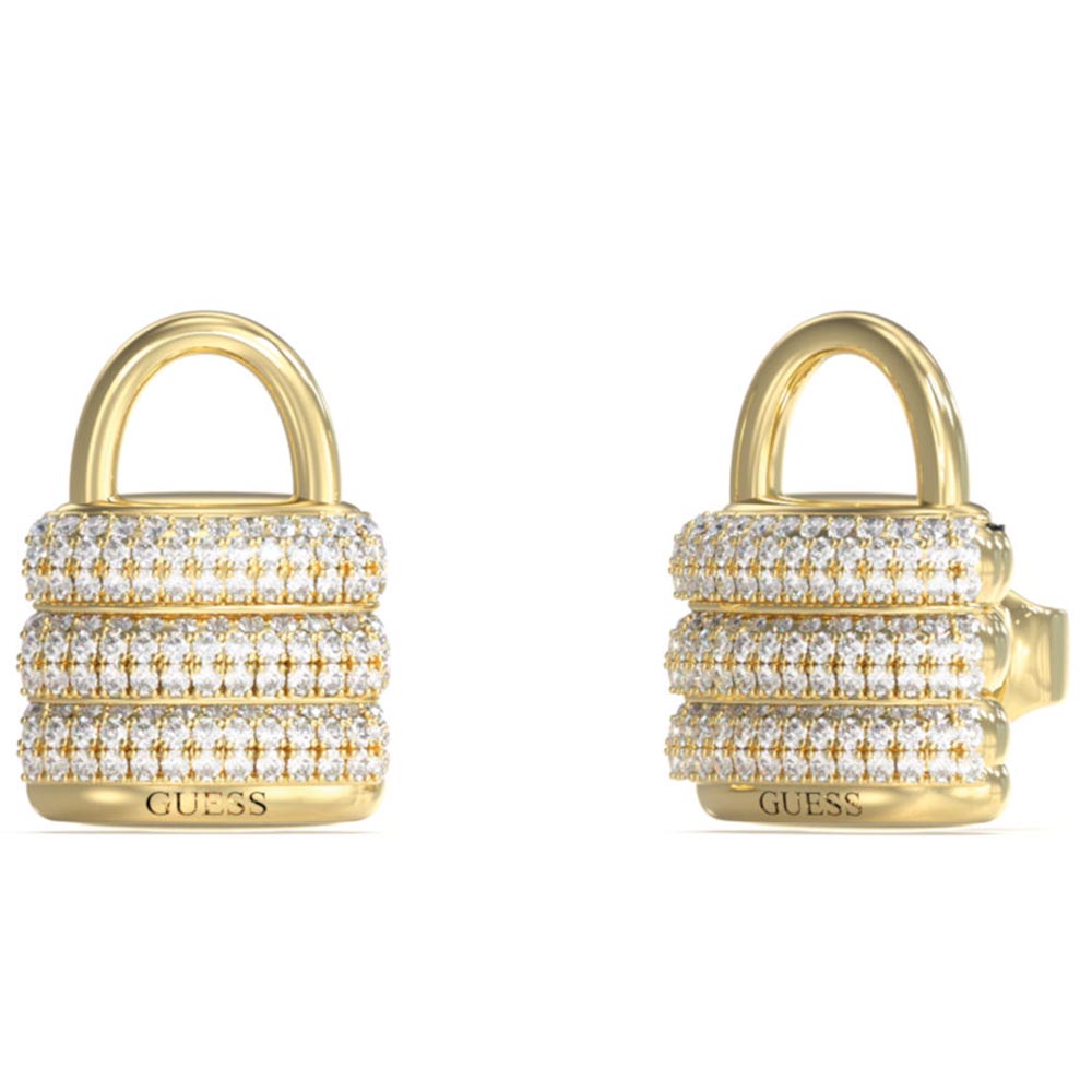 Γυναικεία σκουλαρίκια GUESS Gold Plated Steel Guess My Secret, Λουκετάκι με πέτρες και λογότυπο - JUBE05419JWYGT-U