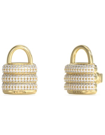 Γυναικεία σκουλαρίκια GUESS Gold Plated Steel Guess My Secret, Λουκετάκι με πέτρες και λογότυπο - JUBE05419JWYGT-U
