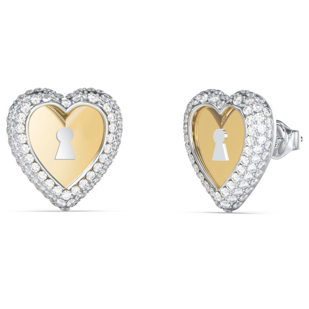 Γυναικεία σκουλαρίκια GUESS Steel LOVE BITES, Δίχρωμες Καρδιές Με Πέτρες - JUBE06062JWYGRHT-U