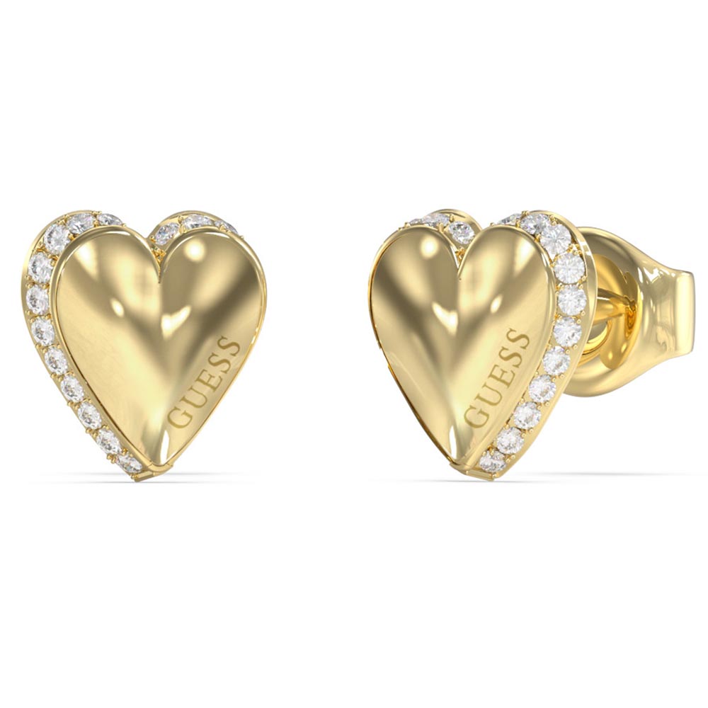 Γυναικεία σκουλαρίκια GUESS Gold Plated Steel By Your Side, Καρδιές Με Πέτρες και Λογότυπο - JUBE06092JWYGT-U
