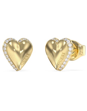 Γυναικεία σκουλαρίκια GUESS Gold Plated Steel By Your Side, Καρδιές Με Πέτρες και Λογότυπο - JUBE06092JWYGT-U