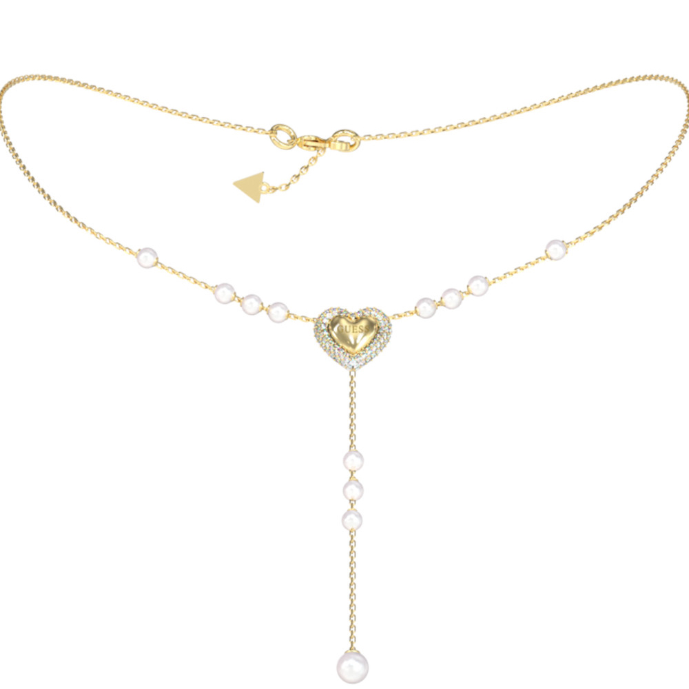 Γυναικείο κολιέ GUESS Gold Plated Steel Beloved, καρδιά με πέτρες και πέρλες - JUBN06007JWYGT-U