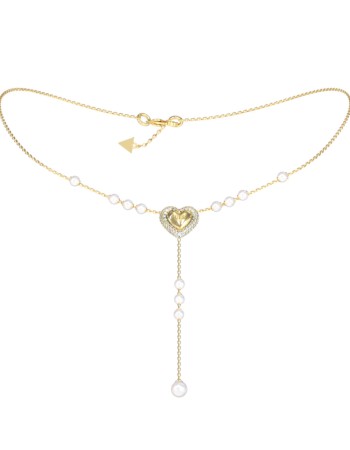 Γυναικείο κολιέ GUESS Gold Plated Steel Beloved, καρδιά με πέτρες και πέρλες - JUBN06007JWYGT-U