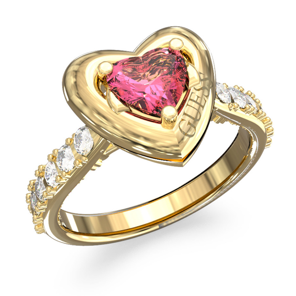 Γυναικείο δαχτυλίδι GUESS Gold Plated Steel Beloved, με ροζ καρδιά - JUBR06003JWYGPK56