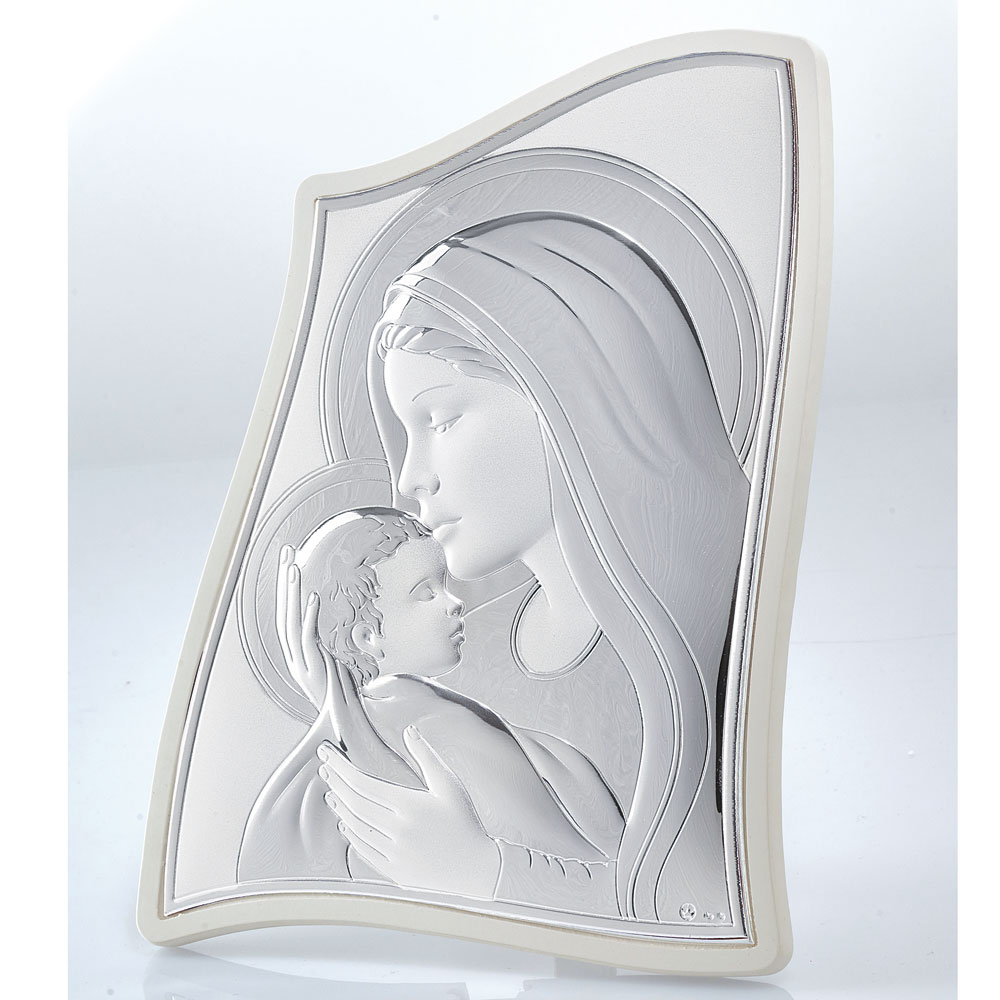 Εικόνα Μοντέρνα Παναγία-Χριστός Μπεζ Πλάτη Ασήμι 5x6 - MA-E903-5WH-5X6