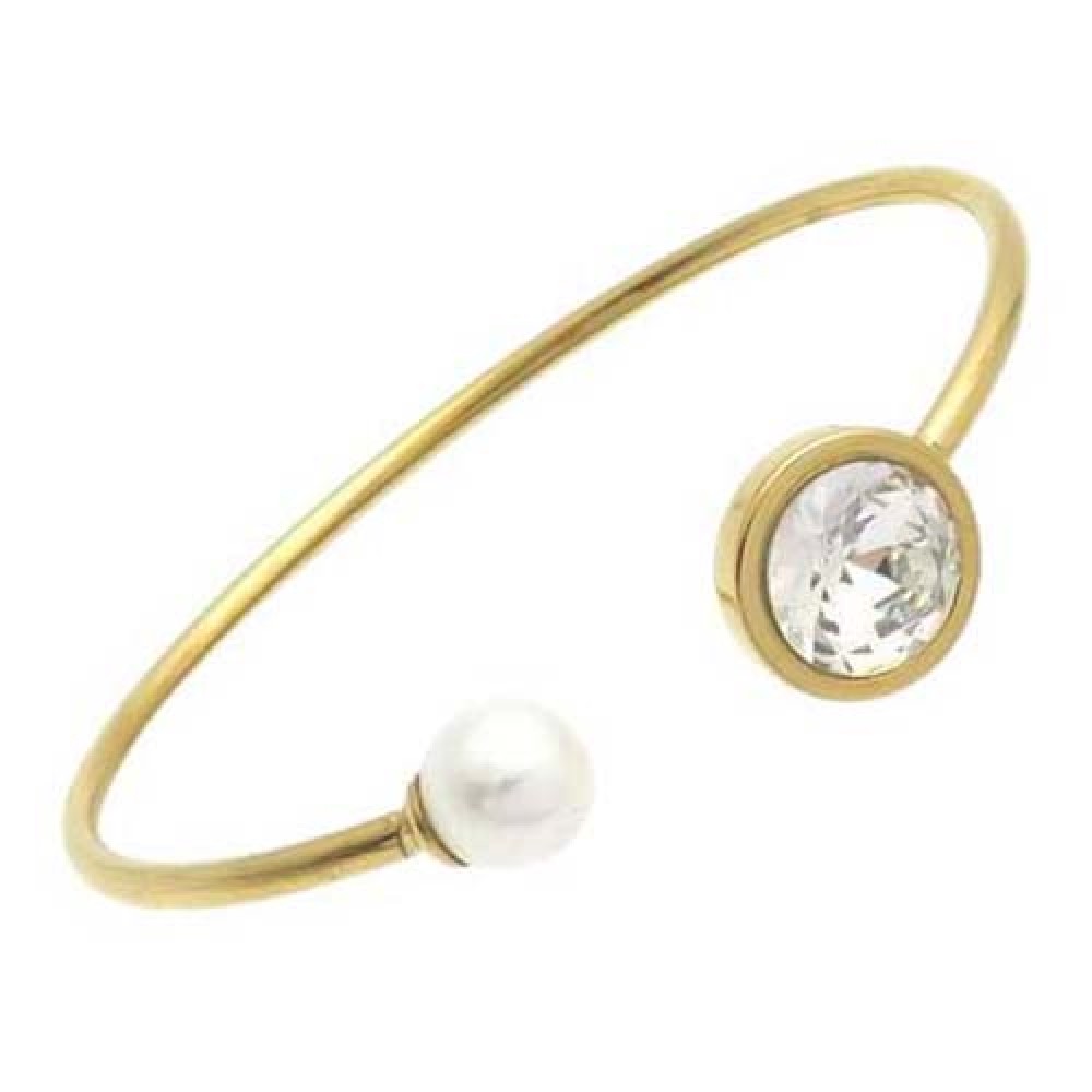 Βραχιόλι PUPPIS Gold Plated Stainless Steel, με πέρλα και λευκή πέτρα - PUB23065G