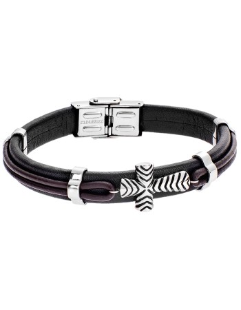 Βραχιόλι Ανδρικό Καφέ-Μαύρο Με Δέρμα Και Σταυρό SENZA Steel-Leather - SSD1926B