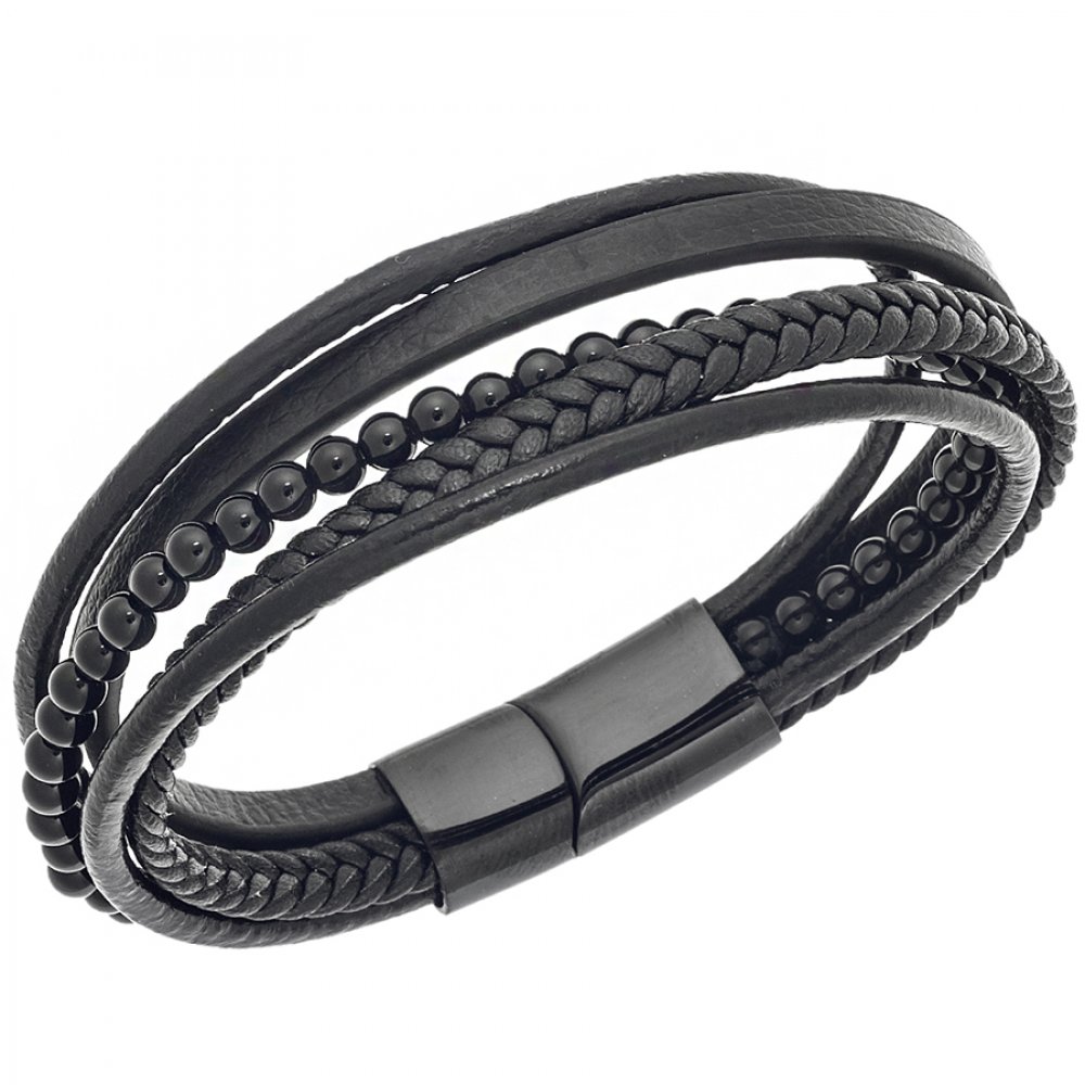 Βραχιόλι Senza Men's Steel Black Leather Strap - SSD4248BK