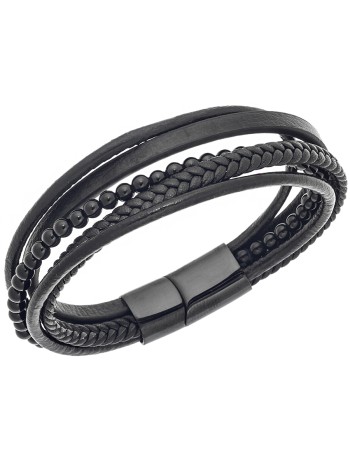 Βραχιόλι Senza Men's Steel Black Leather Strap - SSD4248BK