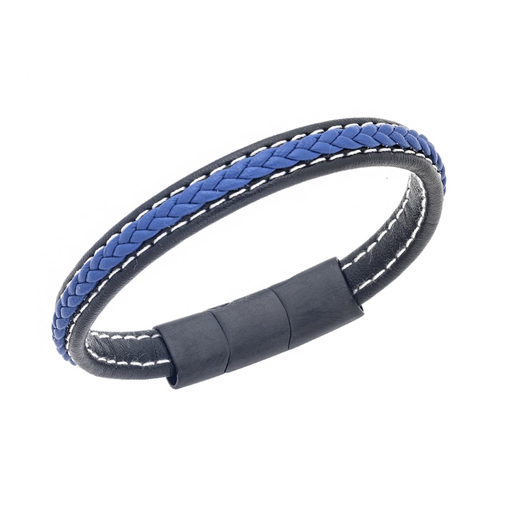 Βραχιόλι Senza Men's Steel Black & Blue Leather Strap - SSD4258-1BBL