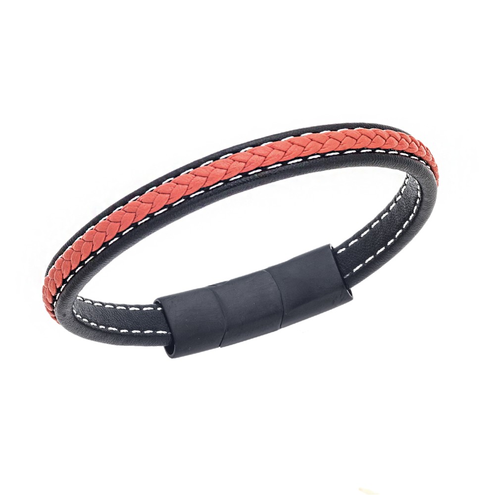 Βραχιόλι Senza Men's Steel Black & Orange Leather Strap - SSD4258-1BOE