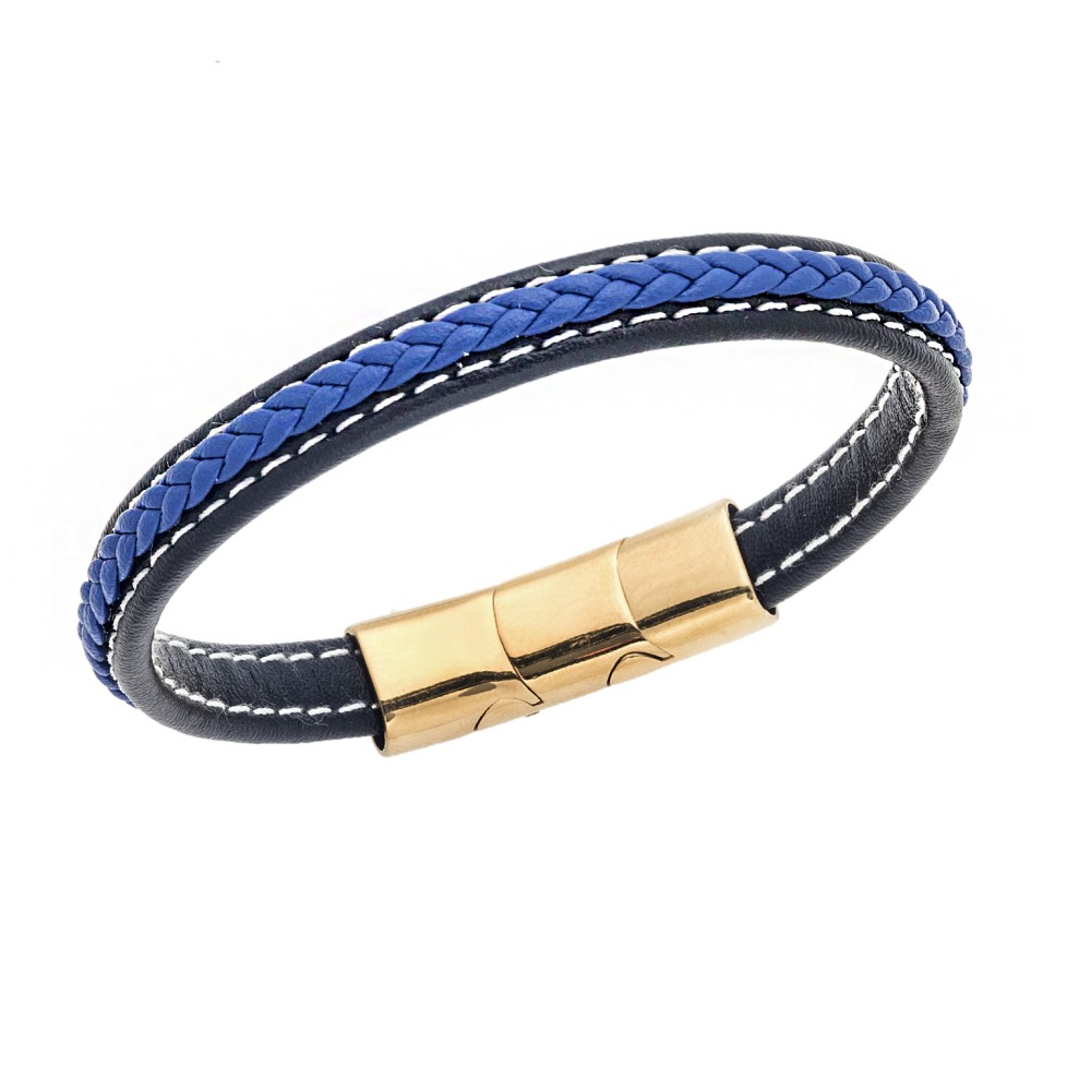 Βραχιόλι Senza Men's Steel Black & Blue Leather Strap - SSD4258-1GBL