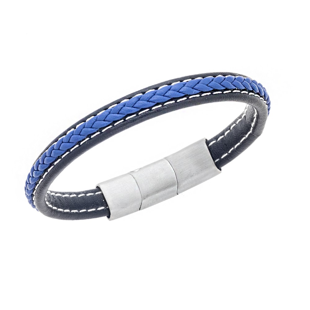 Βραχιόλι Senza Men's Steel Black & Blue Leather Strap - SSD4258-1SBL