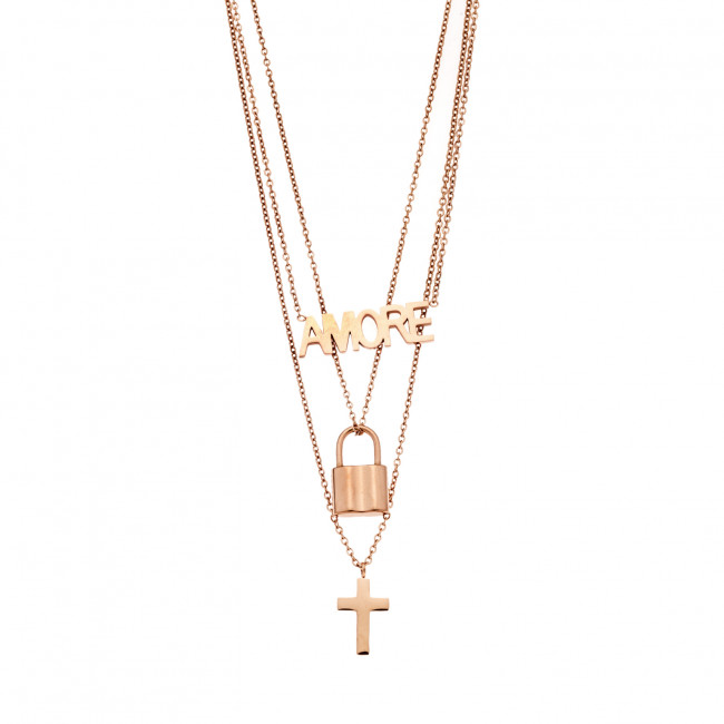Κολιέ Τριπλό Amore Λουκέτο Σταυρός Αλυσίδες SΕΝΖΑ Rose Gold Stainless Steel - SSD4361RG