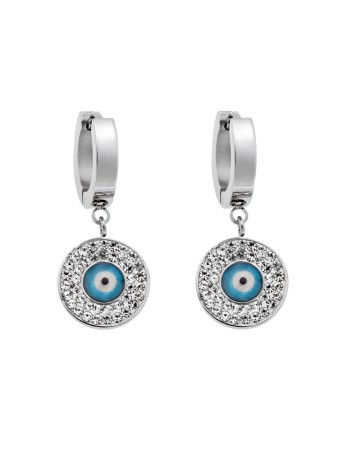 Σκουλαρίκια SENZA Steel, κρίκοι με γαλάζιο ματάκι και λευκές πέτρες - SSD4448SLB