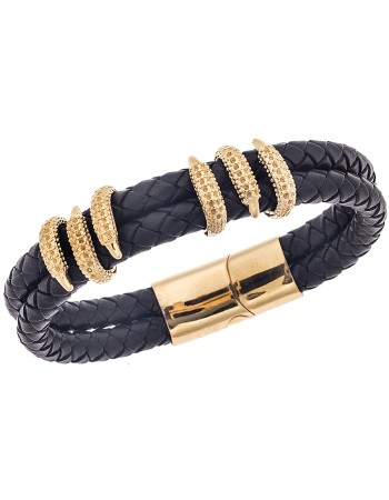 Βραχιόλι Senza Men's Steel Black Leather Strap - SSD4499GBK