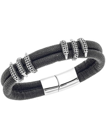 Βραχιόλι Senza Men's Steel Black Leather Strap - SSD4499SBK