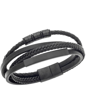 Βραχιόλι Senza Men's Steel Black Leather Strap - SSD4655BK