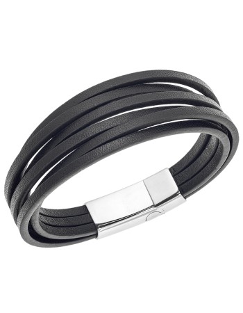Βραχιόλι Senza Men's Steel Black Leather Strap - SSD4660BK