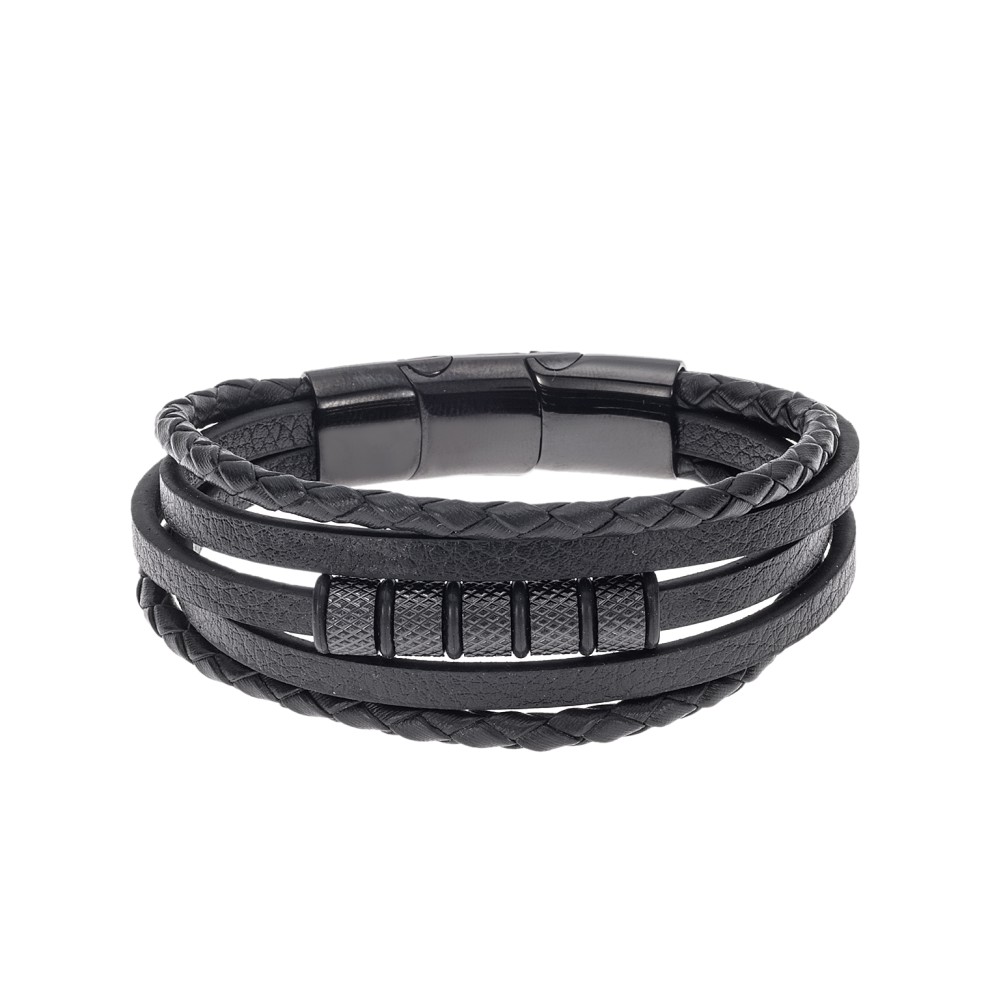 Βραχιόλι Senza Men's Steel Black Leather Strap - SSD4778BK