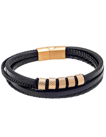 Βραχιόλι Senza Men's Steel Black Leather Strap - SSD4778GBK