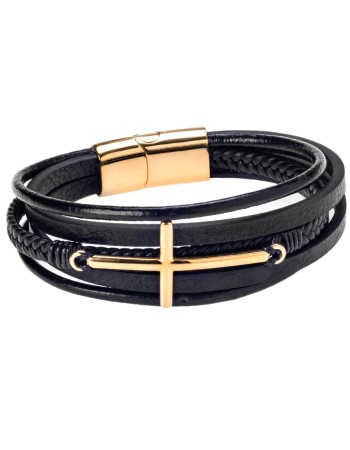 Βραχιόλι Senza Men's Steel Black Leather Strap Με Χρυσό Σταυρό - SSD4780GBK