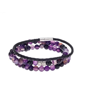 Βραχιόλια Senza Men's Black Leather & Purple Agate Set - SSD4887BKPE
