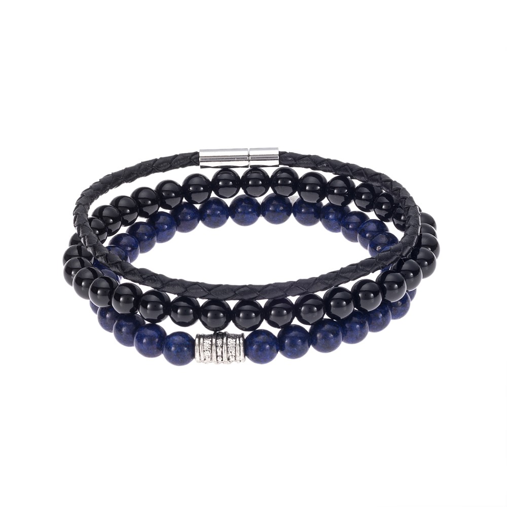 Βραχιόλια Senza Men's Leather, Lapis Lazuli & Onyx Black & Blue Set - SSD4889BKBL