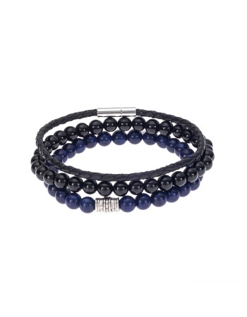 Βραχιόλια Senza Men's Leather, Lapis Lazuli & Onyx Black & Blue Set - SSD4889BKBL