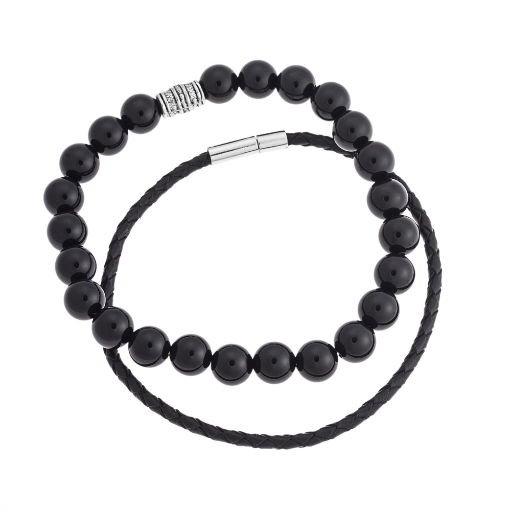 Βραχιόλια Senza Men's Black Leather & Onyx - SSD4890BK