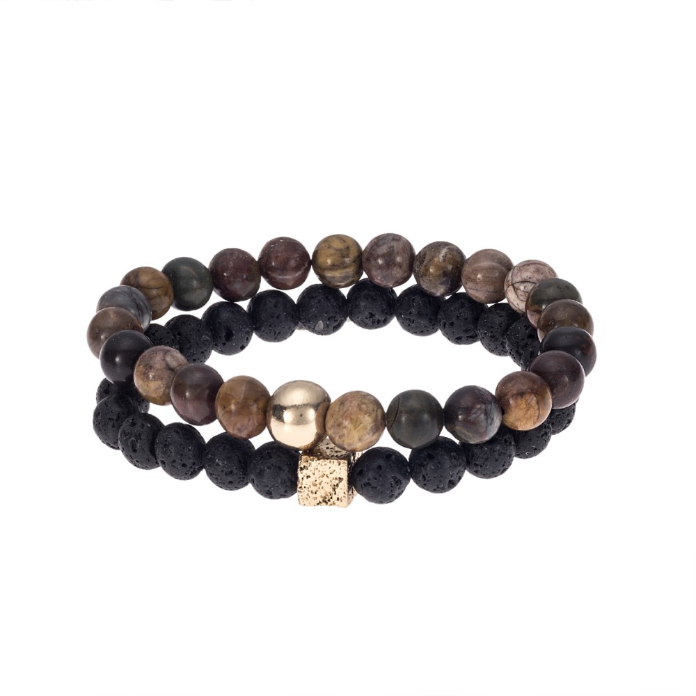 Βραχιόλια Senza Men's Lava & Picasso Jasper Double bracelet Set - SSD4907BKBN