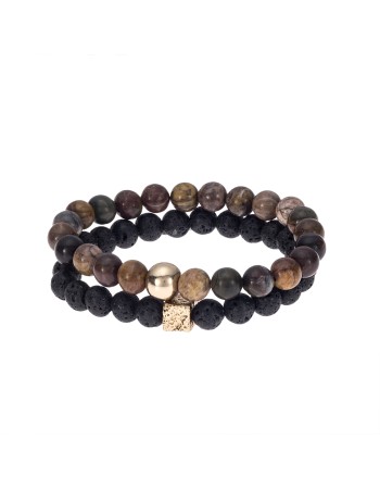 Βραχιόλια Senza Men's Lava & Picasso Jasper Double bracelet Set - SSD4907BKBN