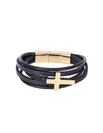 Βραχιόλι Senza Men's Steel Black Leather Strap with Gold Cross - SSD4967GBK