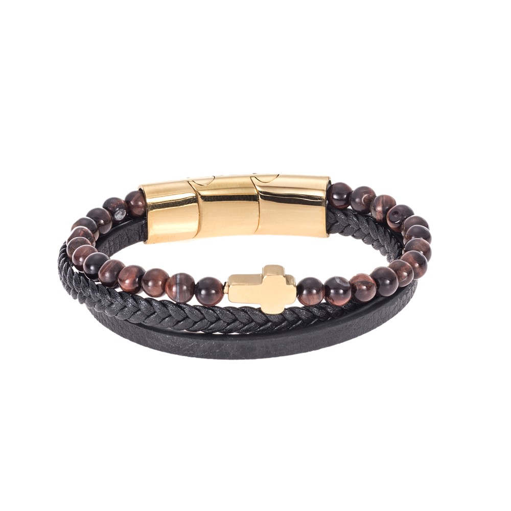 Βραχιόλι Senza Men's Steel Brown Leather Strap with Cross - SSD4968GBKRD