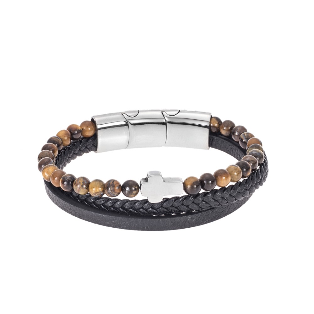 Βραχιόλι Senza Men's Steel Brown Leather Strap with Cross - SSD4968SBKBN