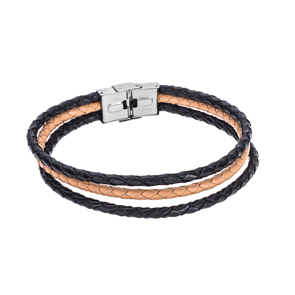 Βραχιόλι Senza Men's Steel Black & Beige Leather Strap - SSD4998-2