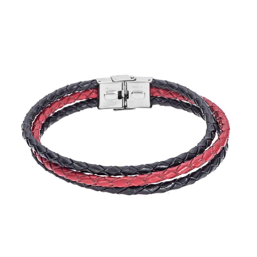 Βραχιόλι Senza Men's Steel Black & Red Leather Strap - SSD4998-3