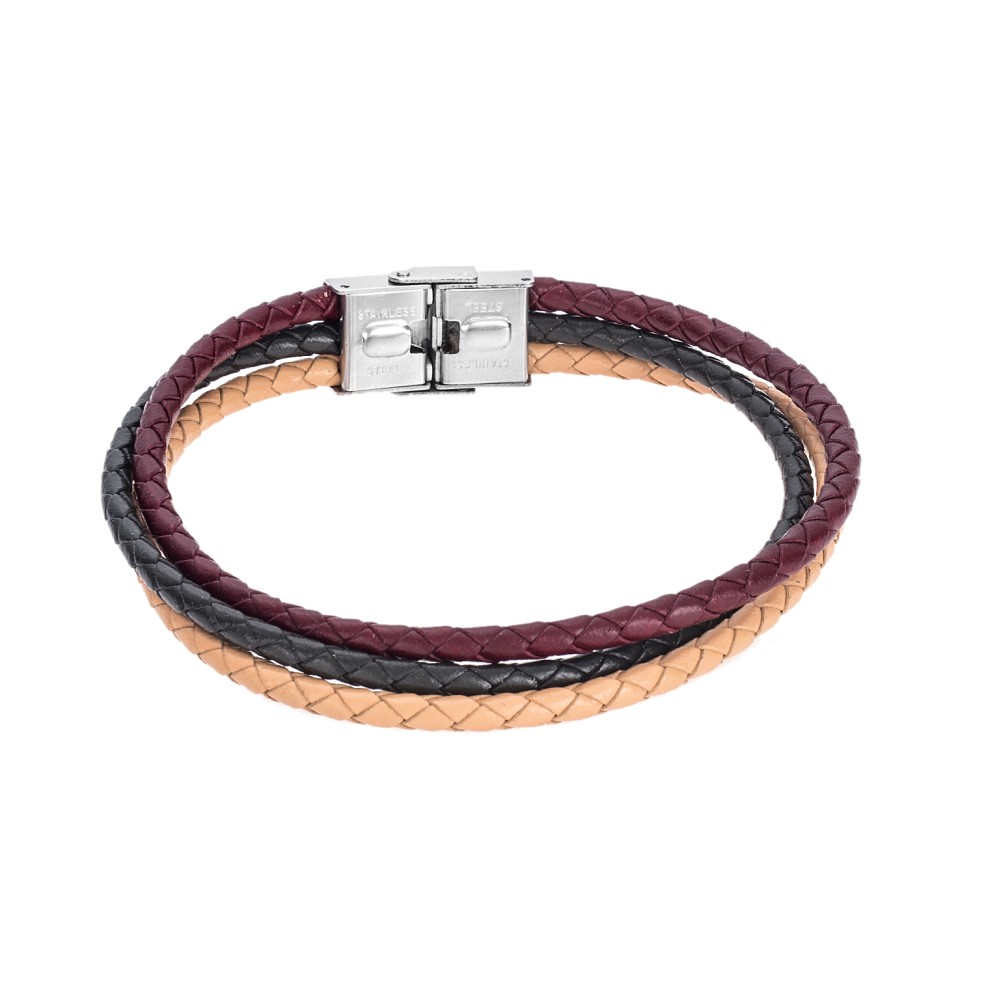 Βραχιόλι Senza Men's Steel Beige, Bordeaux & Green Leather Strap - SSD4998-7