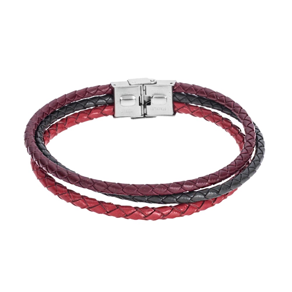 Βραχιόλι Senza Men's Steel Bordeaux, Green & Red Leather Strap - SSD4998-8