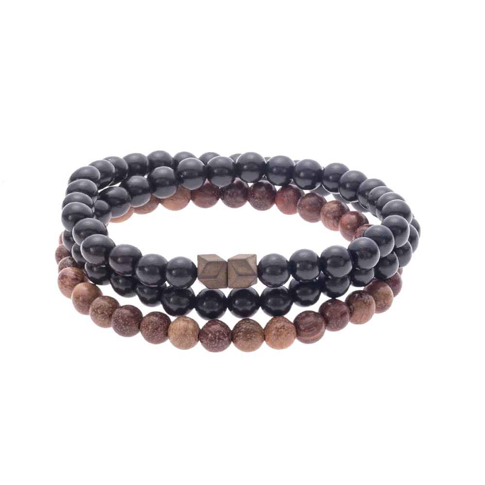 Βραχιόλι Senza Men's, τριπλό με λάστιχο και πέτρες από κόκκινο σανδαλόξυλο και έβενο - SSD5045