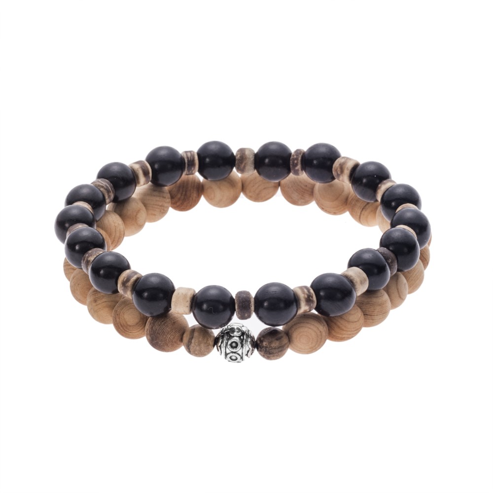 Βραχιόλι Senza Men's, διπλό με λάστιχο, λευκό σανδαλόξυλο, καρυδιά και έβενο - SSD5052